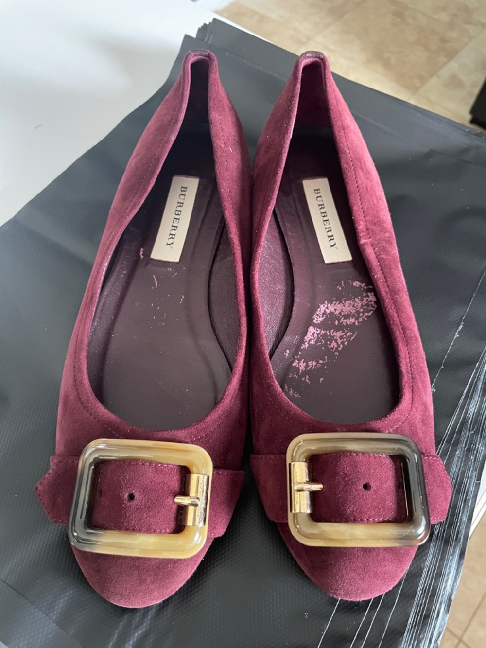 Burberry Suede Burgundy Flats with Gold Buckle